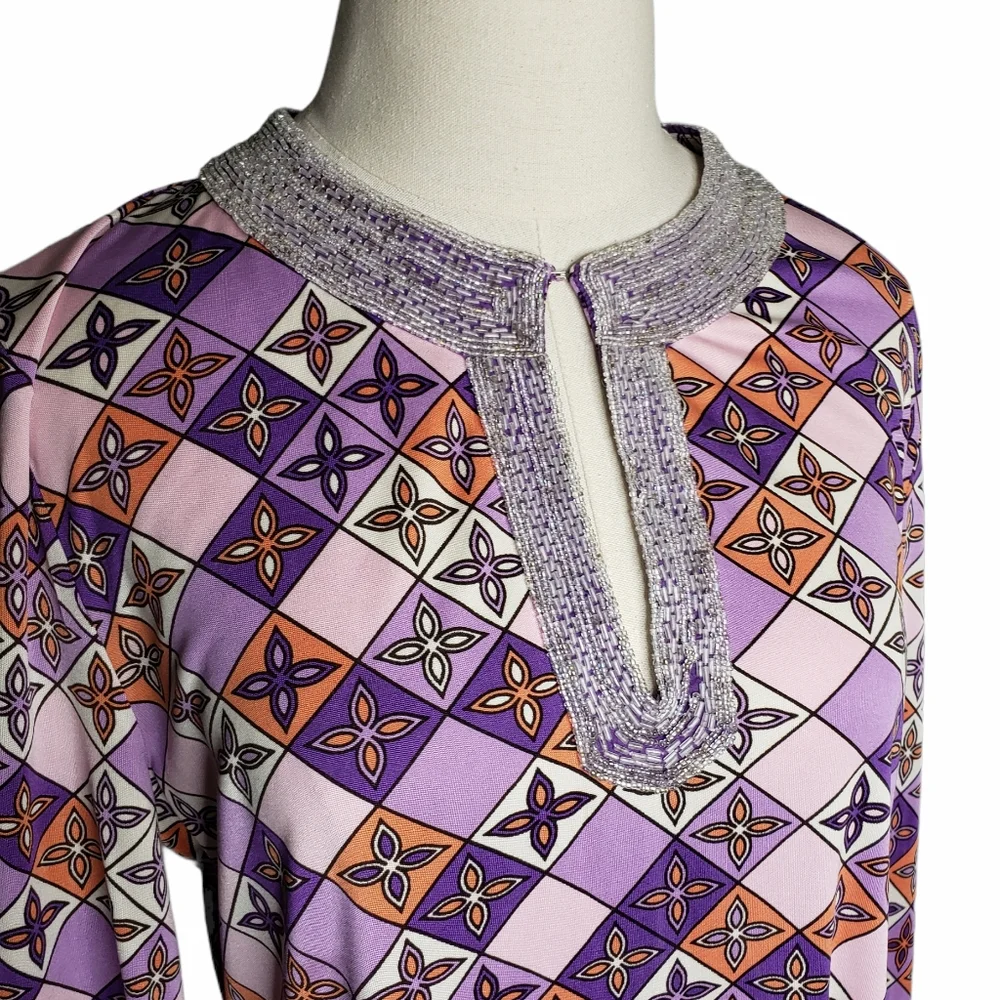 Tory Burch Silk Jersey Knit Tunic Beaded Neckline Preppy Morrocan Resort Cruise